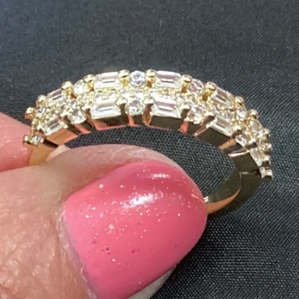 Eternity Band Ring Baguette Round Cut Gold Tone Statement Ring - Picture 4 of 8